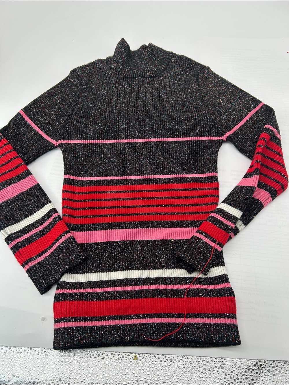 Forever 21 Black Turtleneck Sweater with Red, Pink & White Stripes Teens